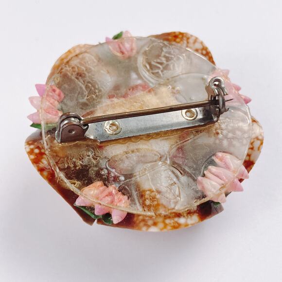 Vintage 50s Shell Brooch Layered Pink Floral Mid Century Tropical Beach Jewelry - Picture 10 of 10